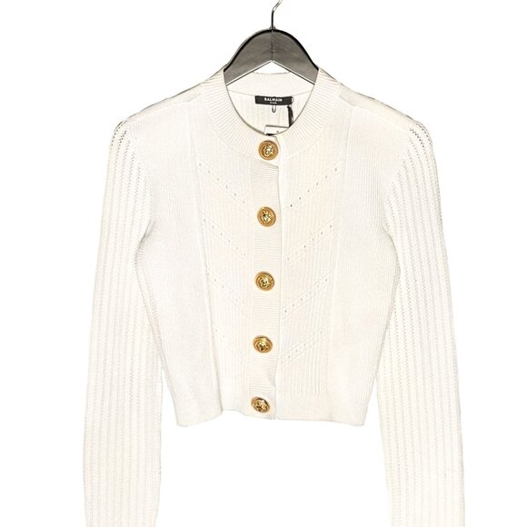 Balmain Gold Buttons White Cropped Cardigan Sweater - Picture 1 of 9
